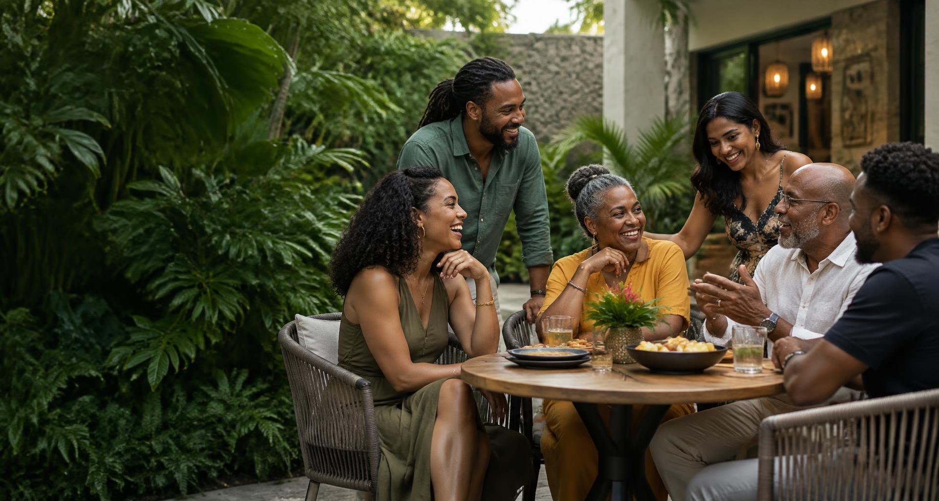 Illustrative scene of Afro-Caribbean and Indo-Caribbean adults laughing and talking together outdoors